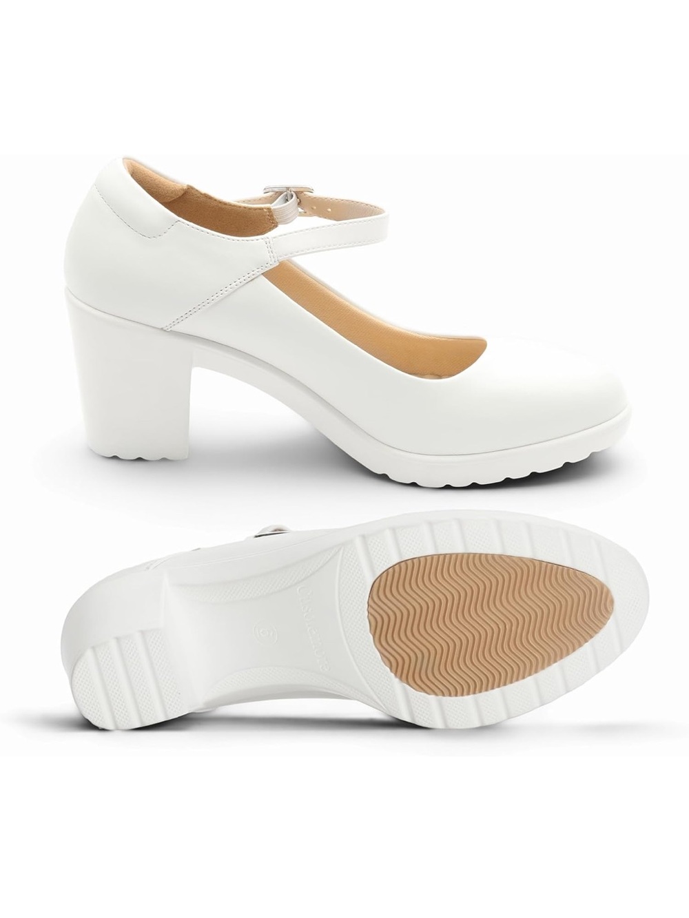 Classic White Mary Jane Block Heel Pumps - Picture 3 of 3